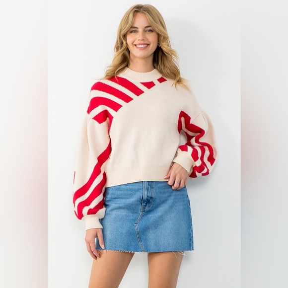 THML Sweaters - THML - Cream/Red Stripe Detail Ribbed Sweater - New with Tags!